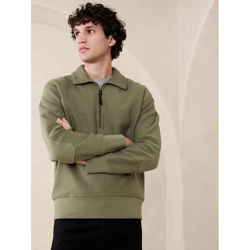 Banana Republic Tana Terry Half Zip Pullover Desert Thyme Green XL Elbow Patches